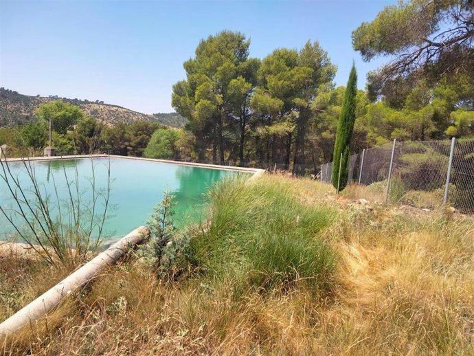 Balsa que suministra agua al reservorio de plantas aromáticas en el antiguo vivero forestal del Monte de 'El Bebedor', en Moratalla.