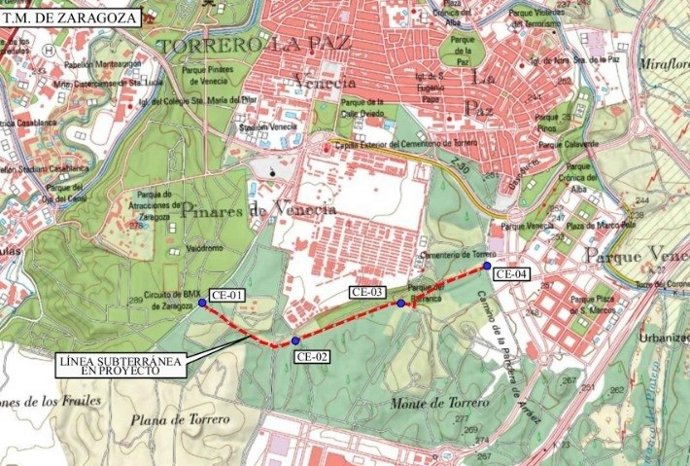 Mapa detalle de la zona del soterramiento de las líneas de alta y media tensión en el Barranco de la Muerte.