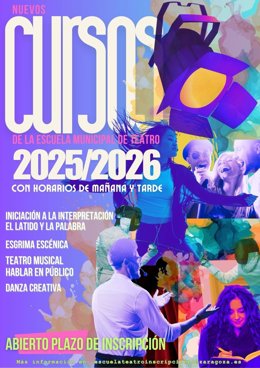 Cartel de la oferta de cursos de la Escuela Municipal de Teatro de Zaragoza.