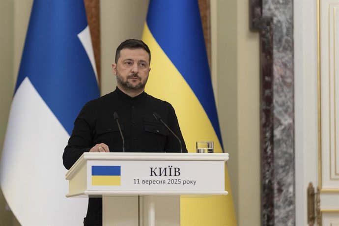 11 September 2025, Ukraine, Kiev: Ukrainian President Volodymyr Zelensky holds a joint press conference with Finnish President Alexander Stubb (not pictured) at the Mariinsky Palace in Kiev. Photo: -/Ukraine Presidency via Planet Pix via ZUMA Press Wire/d