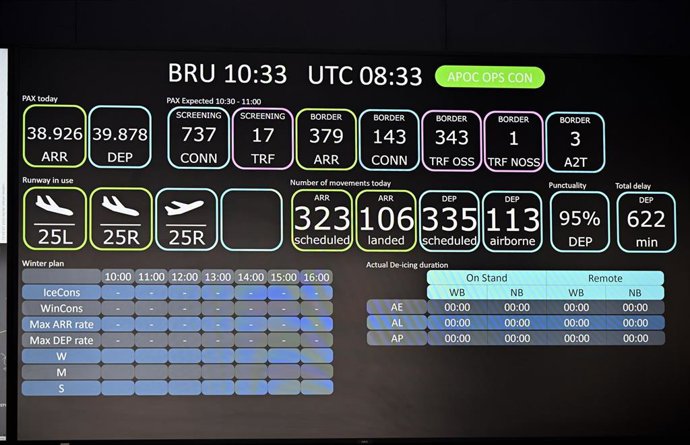 Archivo - Un panel informativo del Aeropuerto de Bruselas (archivo)
