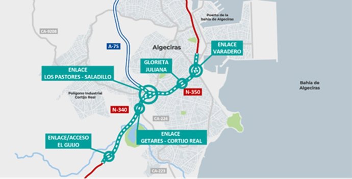 Mapa de afecciones de tráfico por las obras del acceso sur al puerto de Algeciras (Cádiz)