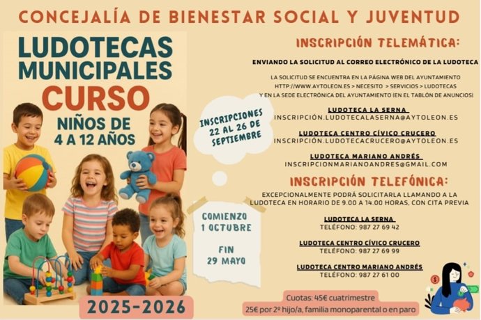 Cartel informativo del Programa de Ludotecas Municipales de León.