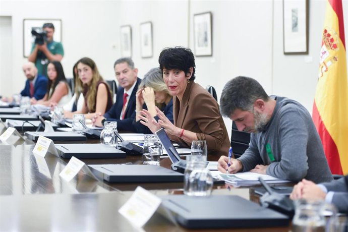 La ministra de Inclusión, Seguridad Social y Migraciones, Elma Saiz (c), asiste a una reunión a la que están convocados los representantes de las principales plataformas digitales