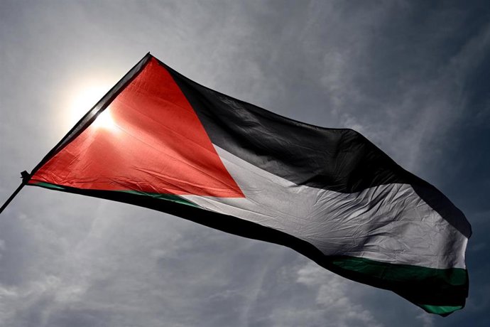 Bandera palestina durante una manifestación en París, Francia