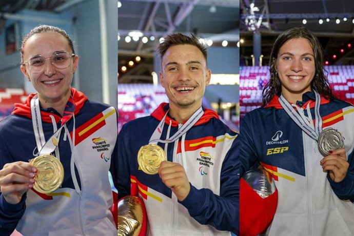 Montaje con María Delgado, Íñigo Llopis y Anastasiya Dmytriv con sus medallas en el Mundial de Natación Paralímpica de Singapura de 2025