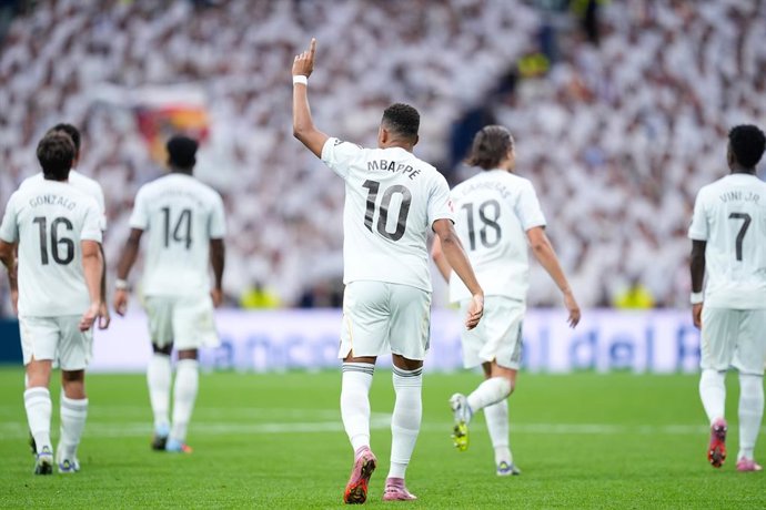 Kylian Mbappe of Real Madrid CF celebrates a goal during the Spanish League, LaLiga EA Sports, football match played between Real Madrid and RCD Espanyol at Santiago Bernabeu stadium on September 20, 2025, in Madrid, Spain.