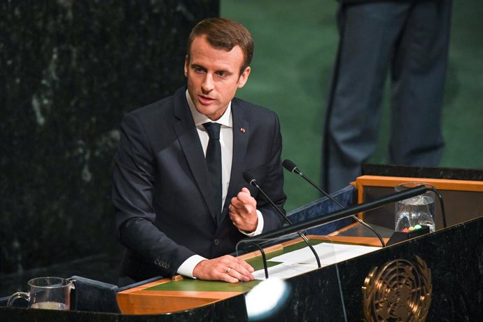 Archivo - NAÇÕES UNIDAS, 20 de setembro de 2017 O presidente francês Emmanuel Macron fala durante o Debate Geral da 72ª sessão da Assembleia Geral das Nações Unidas, na sede da ONU em Nova York, em 19 de setembro de 2017. hy)