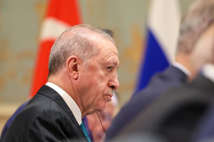 CHINA, TIANJIN - SEPTEMBER 1, 2025: Recep Tayyip Erdogan, President of Turkey, attends a bilateral meeting with his Russian counterpart Vladimir Putin at the Ritz Carlton, Tianjin