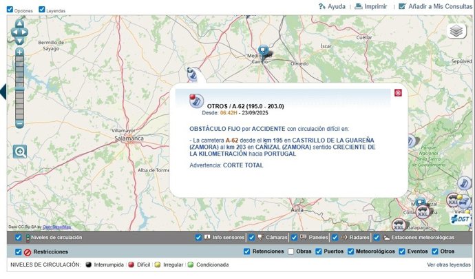 Mapa del lugar de la A-62 cortado al tráfico