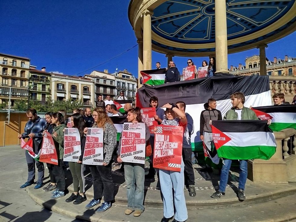 Imagen de la presentación de la manifestación convocada por Palestinarekin Elkartasuna el 4 de octubre en Pamplona