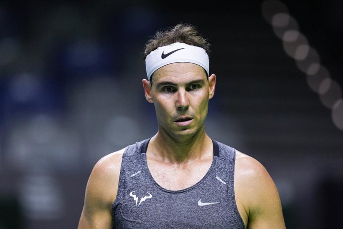 Archivo - Rafa Nadal of Spain gestures during training session before Davis Cup at Martin Carpena Pavilion stadium on November 16, 2024, in Malaga, Spain