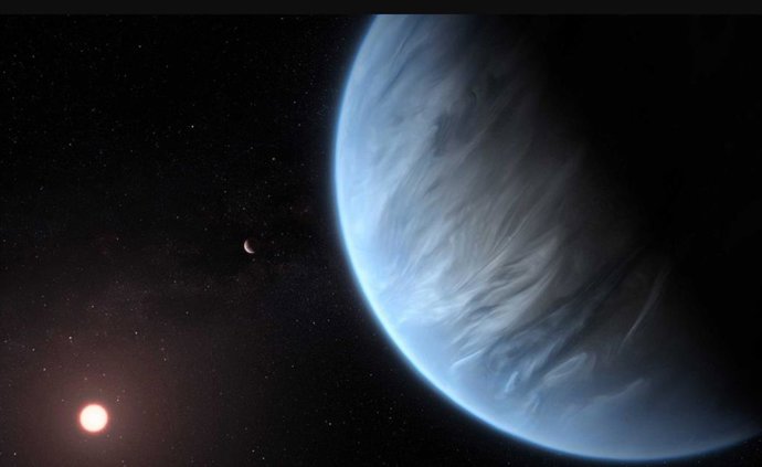 Ilustração do exoplaneta K2-18b. Acredita-se que o planeta tenha um envelope gasoso denso e nenhum oceano global.