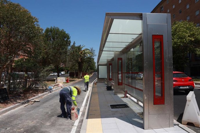 Archivo - Operarios municipales ultiman los detalles en una de las paradas del tranvibús, en la avenida de las Ciencias, junto a Fibes, en foto de archivo.