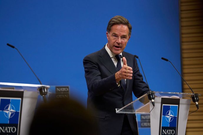 HANDOUT - 12 September 2025, Belgium, Brussels: NATO Secretary General Mark Rutte speaks during a joint press conference with Supreme Allied Commander Europe, General Alexus Grynkewich, to announce the launch of "Eastern Sentry" mission.  NATO is launchin