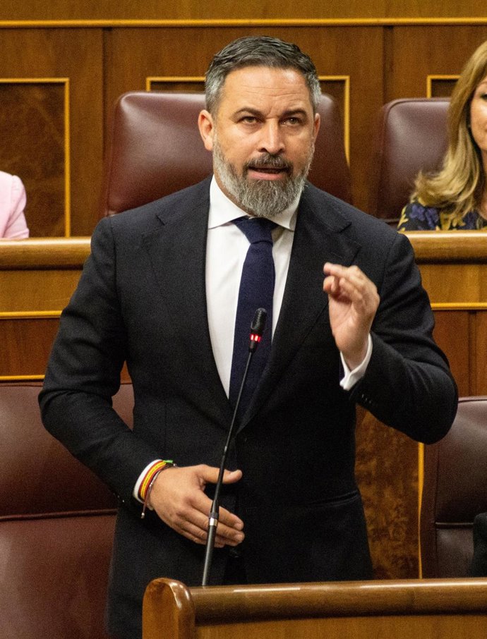 Archivo - El presidente de VOX, Santiago Abascal, interviene durante una sesión de control, en el Congreso de los Diputados