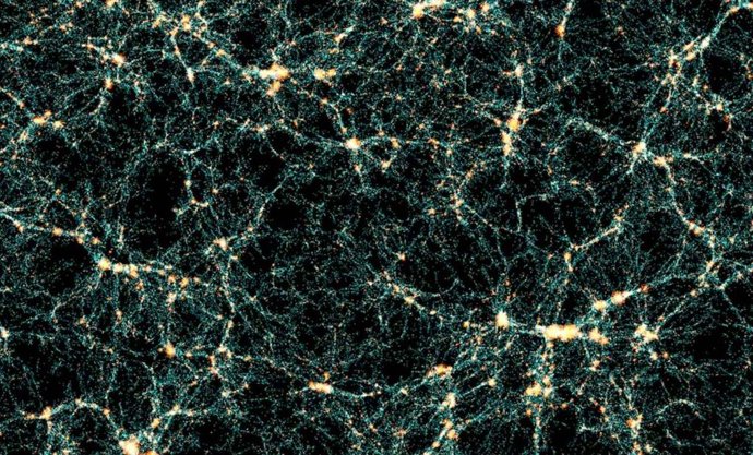 Imagem extraída do catálogo de simulações Euclid Flagship. Cada ponto representa uma galáxia: os pontos azuis marcam as galáxias no centro dos aglomerados de matéria escura, enquanto os pontos vermelhos indicam os satélites dentro deles.