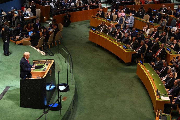 23 September 2025, US, New York: US President Donald Trump speaks, at the General Debate of the UN General Assembly. Over 140 heads of state and government are expected to attend the world's largest diplomatic event over several days. Photo: Lukas Coch/AA
