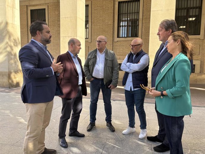 Los diputados de Vox en las Cortes de Aragón David Arranz, Santiago Morón, Carmen Rouco y Juan Vidal con otros miembros de este partido ante la Delegación del Gobierno en Aragón.