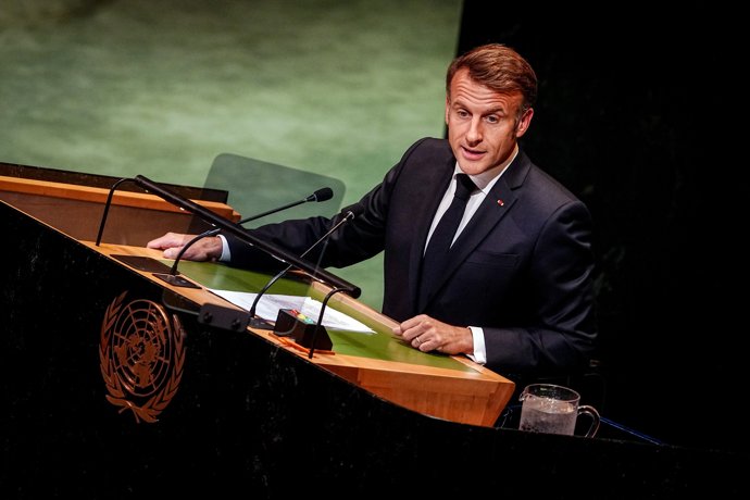 22 September 2025, US, New York: French President Emmanuel Macron is taking part speaks during the conference on the two-state solution in the Middle East ahead of the UN General Assembly's general debate.