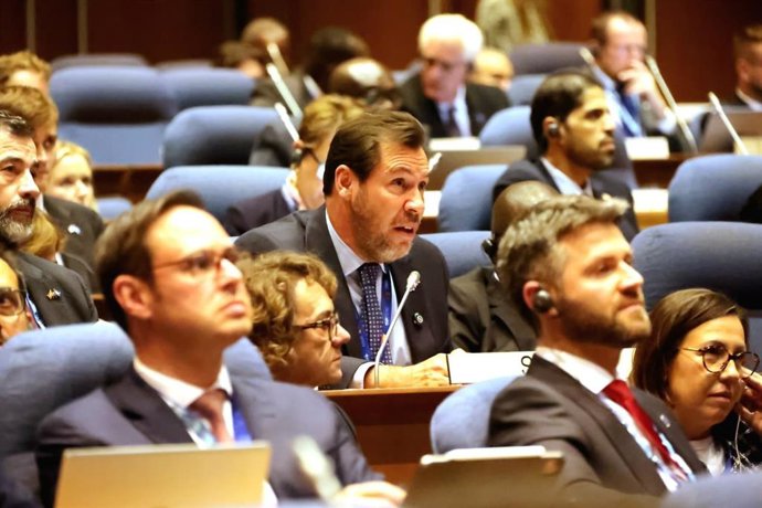 El ministro Óscar Puente durante su intervención en la Asamblea de la OACI