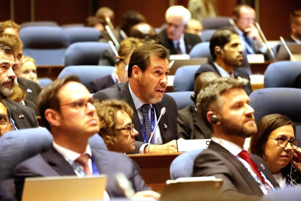 El ministro Óscar Puente durante su intervención en la Asamblea de la OACI