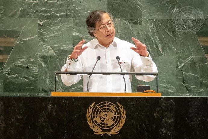 O presidente colombiano Gustavo Petro em seu discurso na 80ª Assembleia Geral das Nações Unidas em Nova York, Estados Unidos.