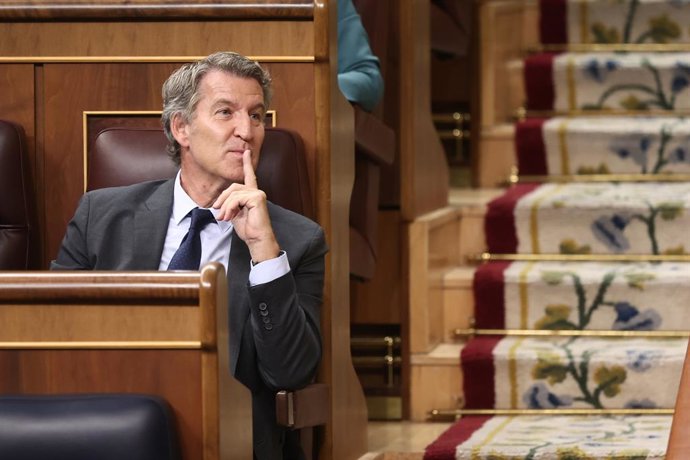 O presidente do PP, Alberto Núñéz Feijóo, durante uma sessão de controle do governo no Congresso dos Deputados, em 17 de setembro de 2025, em Madri (Espanha). O Presidente do Governo, Pedro Sánchez, responde hoje na sessão de controle do Congresso dos Dep