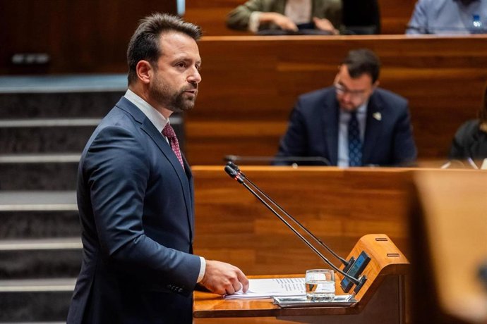El presidente del PP de Asturias y portavoz parlamentario, Álvaro Queipo, durante su intervención en el Pleno en la Junta General.