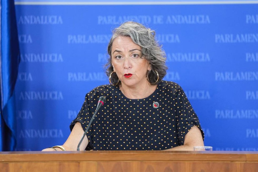 La portavoz adjunta del Grupo Mixto-AdelanteAndalucía, Begoña Iza, durante la ronda de ruedas de prensa de portavoces de los grupos parlamentarios en el Parlamento de Andalucía, a 24 de septiembre de 2025 en Sevilla (Andalucía, España). Los portavoces d
