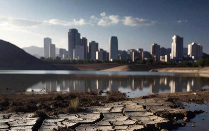 Ilustración de condiciones de sequía extrema y escasez de agua proyectada en áreas urbanas.