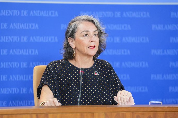 La portavoz adjunta del Grupo Mixto-AdelanteAndalucía, Begoña Iza, durante la ronda de ruedas de prensa de portavoces de los grupos parlamentarios en el Parlamento de Andalucía, a 24 de septiembre de 2025 en Sevilla (Andalucía, España). Los portavoces de 