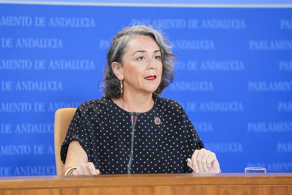 La portavoz adjunta del Grupo Mixto-AdelanteAndalucía, Begoña Iza, durante la ronda de ruedas de prensa de portavoces de los grupos parlamentarios en el Parlamento de Andalucía, a 24 de septiembre de 2025 en Sevilla (Andalucía, España). Los portavoces d