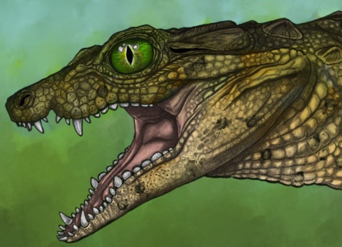 Representação artística do Thikarisuchus xenodentes, um crocodiliforme extinto do Cretáceo de Montana.