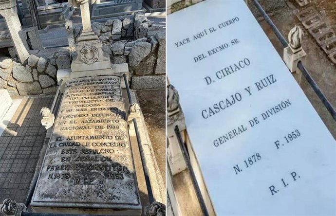 La lápida del sepulcro del general Cascajo, antes y después, del cambio de la misma.