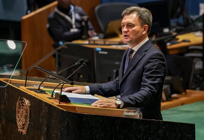 Archivo - Arquivo - 27 de setembro de 2024, Nova York, Nova York, EUA: DORIN RECEAN, Primeiro-Ministro da República da Moldávia, fala no quarto dia do Debate Geral da 79ª Assembleia Geral da ONU.