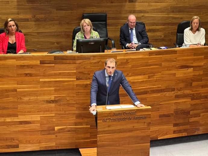 El secretario general de Foro Asturias y portavoz parlamentario, Adrián Pumares, durante el Pleno en la Junta General.