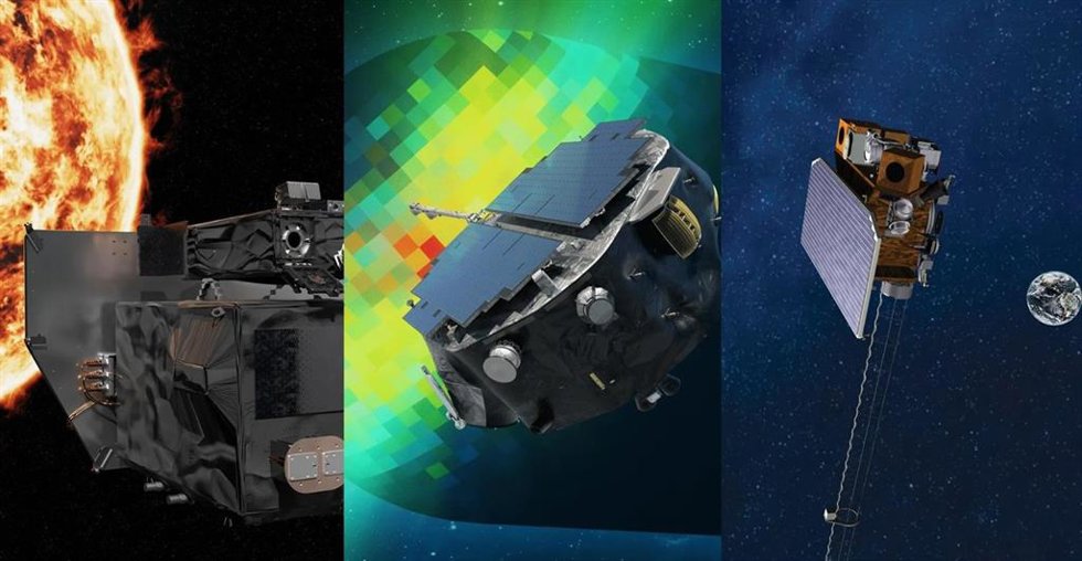 De izquierda a derecha, el Observatorio Geocorona Carruthers de la NASA, IMAP (Sonda de Aceleración y Mapeo Interestelar) y el Observatorio de Clima Espacial de Seguimiento en Lagrange 1 (SWFO-L1) de la Administración Nacional Oceánica y Atmosférica (NO