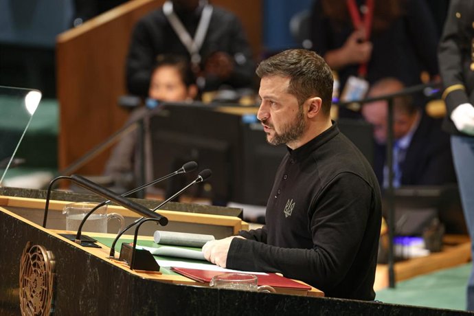 Archivo - Arquivo - Imagem de arquivo do presidente ucraniano Volodimir Zelenski durante seu discurso na Assembleia Geral da ONU.