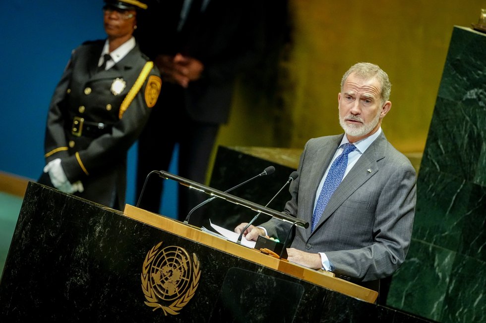 24 September 2025, US, New York: Felipe VI, King of Spain, speaks at the General Debate of the UN General Assembly. Over 140 heads of state and government are expected to attend the world's largest diplomatic event over several days.