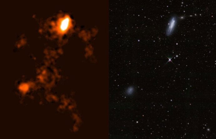 Esquerda: Imagem de rádio ASKAP de hidrogênio neutro dentro e ao redor da NGC 4532 / DDO 137. Direita: Imagem óptica da galáxia a partir dos levantamentos Legacy.