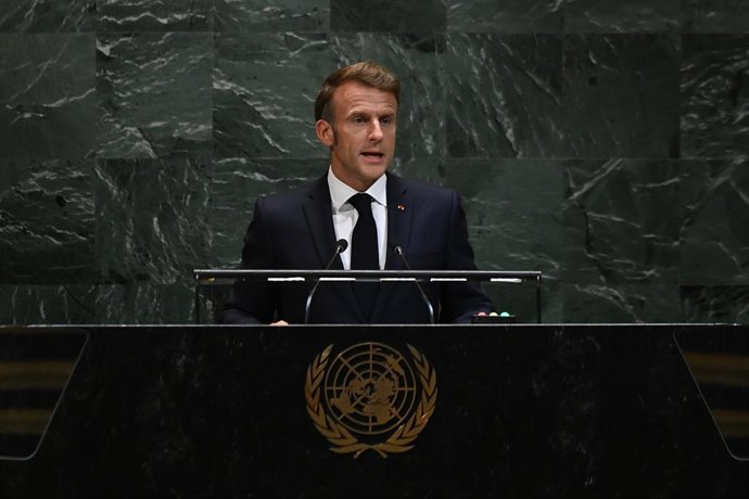 NAÇÕES UNIDAS, 23 de setembro de 2025 -- O presidente francês Emmanuel Macron faz um discurso durante o Debate Geral da 80ª sessão da Assembleia Geral das Nações Unidas (AGNU) na sede da ONU em Nova York, em 23 de setembro de 2025.