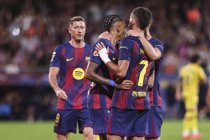 Ferran Torres of FC Barcelona celebrates a goal with teammates during the Spanish league, La Liga EA Sports, football match played between FC Barcelona and Getafe CF at Johan Cruyff stadium on September 21, 2025 in Barcelona, Spain.