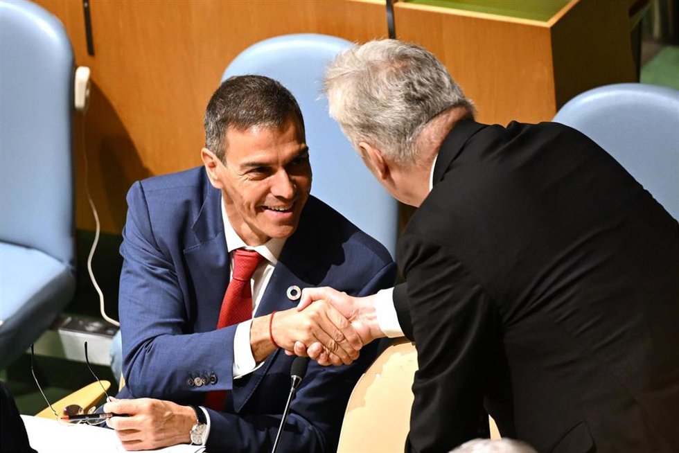 El presidente del Gobierno, Pedro Sánchez, durante la sesión de apertura del Debate General del 80 período de sesiones de la Asamblea General de Naciones Unidas, a 23 de septiembre de 2025, en Nueva York (Estados Unidos). 