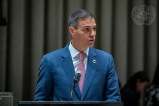El presidente del Gobierno, Pedro Sánchez, interviene durante un acto en Nueva York, a 22 de septiembre de 2025, en Nueva York (Estados Unidos). Sánchez ha viajado a Estados Unidos para participar en el 80º período de sesiones de la Asamblea General de Na