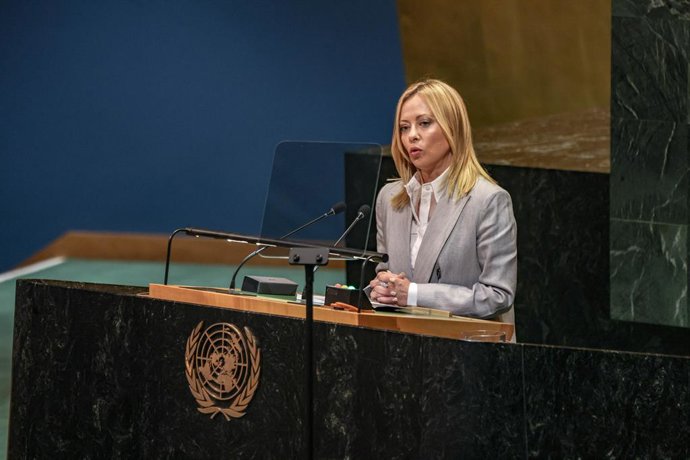 September 24, 2025, New York, New York, USA: Italy Prime Minister, GIORGIA MELONI speaks during the General Debate at UNGA80, marking 80 years since the founding of the United Nations. Leaders highlighted urgent global crises and the need for cooperation.
