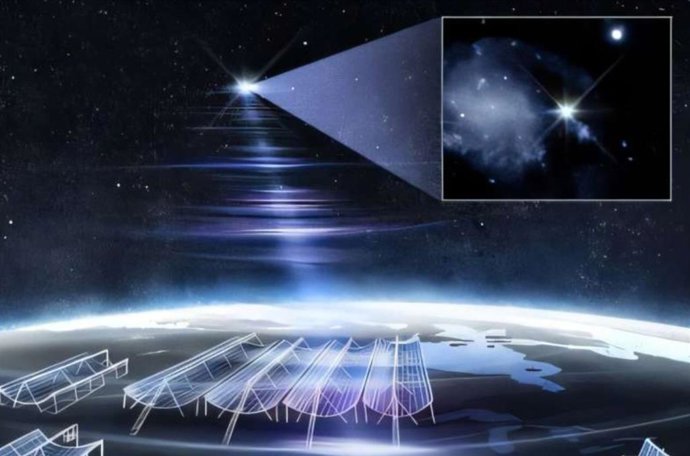 Representación artística de CHIME/FRB y sus estabilizadores localizando FRB 20250316A/RBFLOAT.