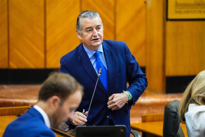 El consejero de la Presidencia, Interior, Diálogo Social y Simplificación Administrativa, Antonio Sanz, en el Pleno del Parlamento andaluz.