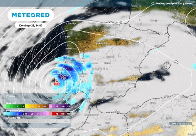 El centro de ExGabrielle podría tocar tierra en el suroeste peninsular a partir del domingo al mediodía. Podría dejar lluvias localmente intensas cerca de su centro.