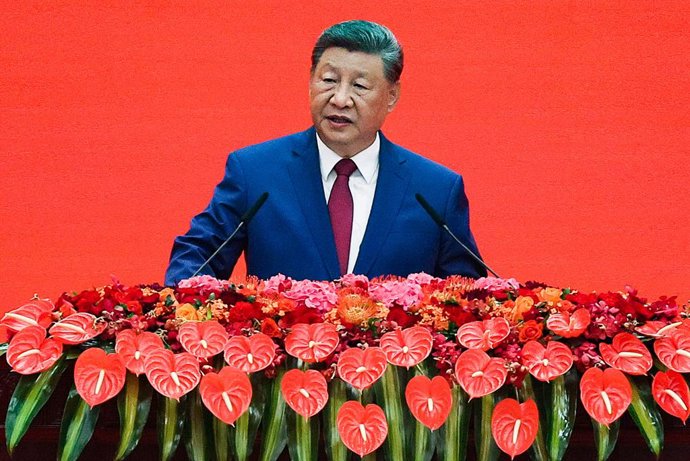 03 September 2025, China, Beijing: Chinese President Xi Jinping speaks at an official reception held at the Banquet Hall of the Great Hall of the People to mark the 80th anniversary of victory over the militarist Japan and the end of World War II. Photo: 